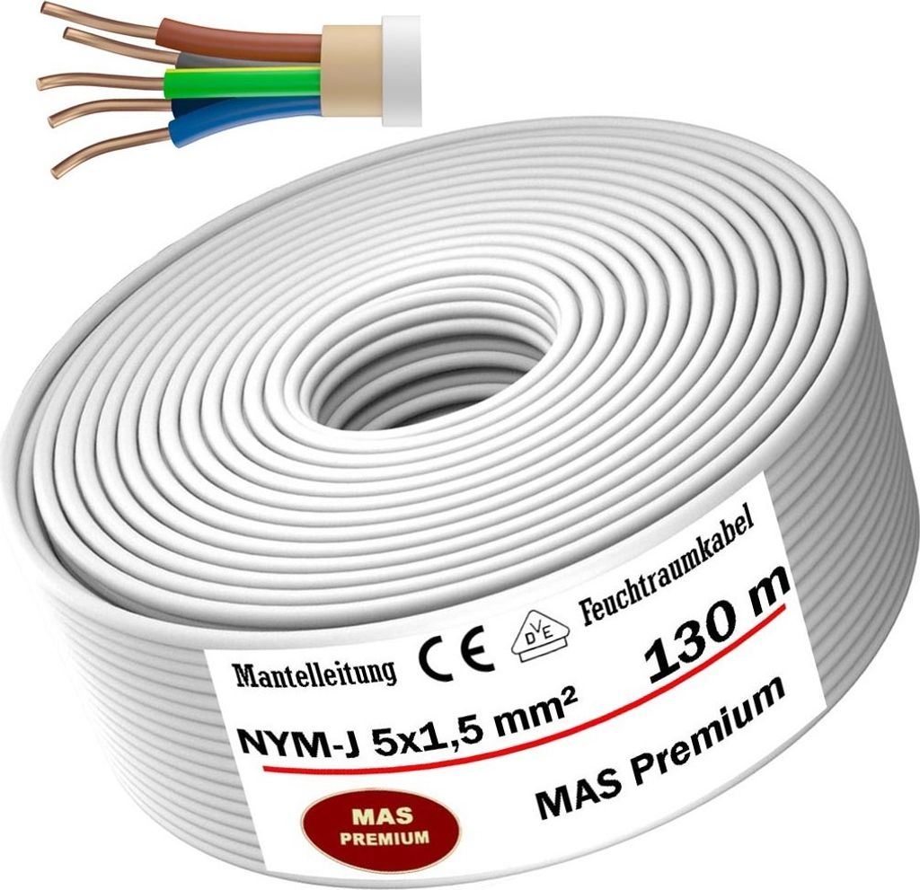 Feuchtraumkabel Stromkabel Mantelleitung 130m NYM-J 5x1,5 mm² Elektrokabel