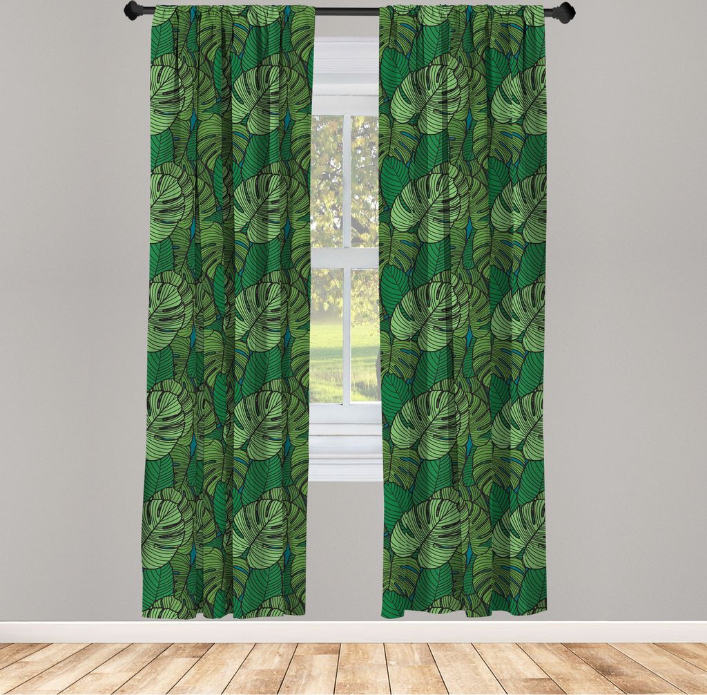 ABAKUHAUS Philodendron Vorhänge, Gardinen, Tropical Monstera Blätter Zeichnung in dunklen Tönen, 2 Stück 75 x 225 cm, , Jadegrün Farngrün