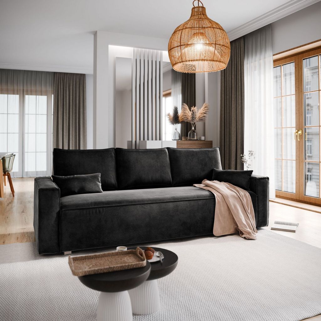 Sofa ALATRI Schwarz Velours-Stoff mit Schlaffunktion, Sofa mit Bettkasten, Sofa mit Bettkasten, Wohnzimmersofa, Couch, Soffa, Bettsofa, Couchgarnit...