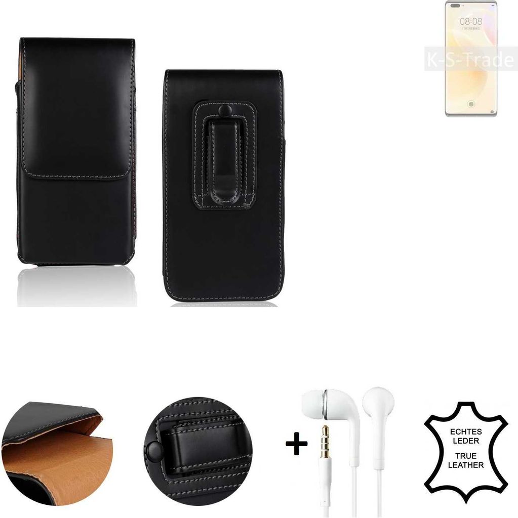 K-S-Trade Leder Gürteltasche + Kopfhörer kompatibel mit Huawei nova 8 Pro 4G Seitentasche Belt pouch Holster Handyhülle Schutz Hülle Etui schwarz