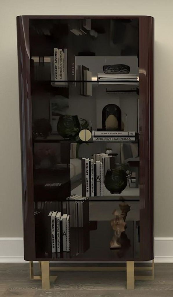 Casa Padrino Luxus Art Deco Vitrine Dunkelbraun / Gold - Handgefertigter Massivholz Vitrinenschrank mit 2 Glastüren - Art Deco Wohnzimmer Möbel