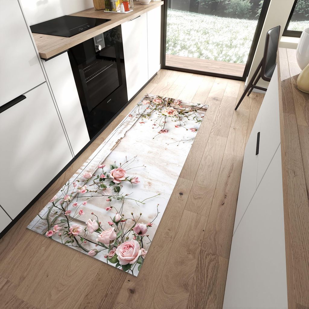 Küchenteppich 80x200cm rutschfest & abwischbar PVC Läufer - Rosenblüten Eleganz