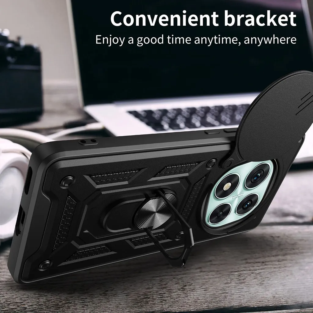Cover per Xiaomi Redmi Note 14 Pro Plus 5G/14 Pro+ 5G, Custodia Scorrevole Protezione Fotocamera Antiurto Case con 360° Magnetica Anello Rotante Supporto e TPU Silicone + PC Bumper All'aperto, Nero