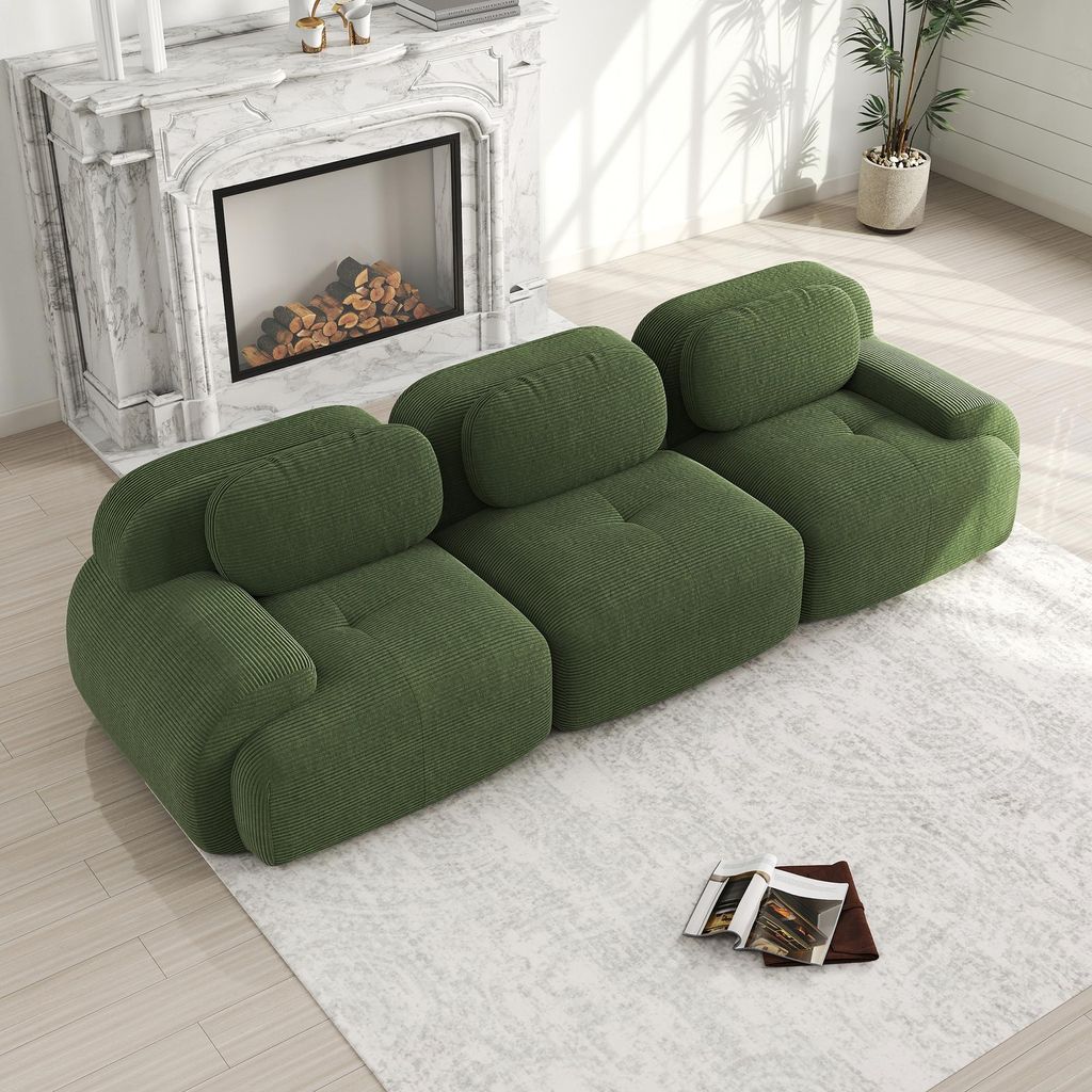 MODFU 3-Sitzer Ecksofa Cord,Modulares Sofa mit Geschwungene Armlehnen und Rutschfeste Unterseite,Rahmenloses Loungesofa,ohne Ottoman,Grün
