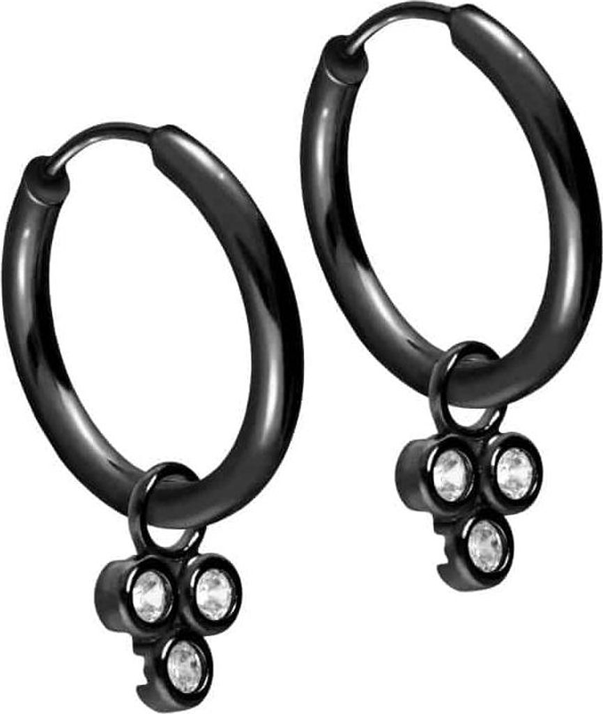 Chirurgenstahl Ohrclicker Creolen 3 EINGEFASSTE KRISTALLE Schwarz Innendurchmesser: 14mm + Designstärke: 2mm