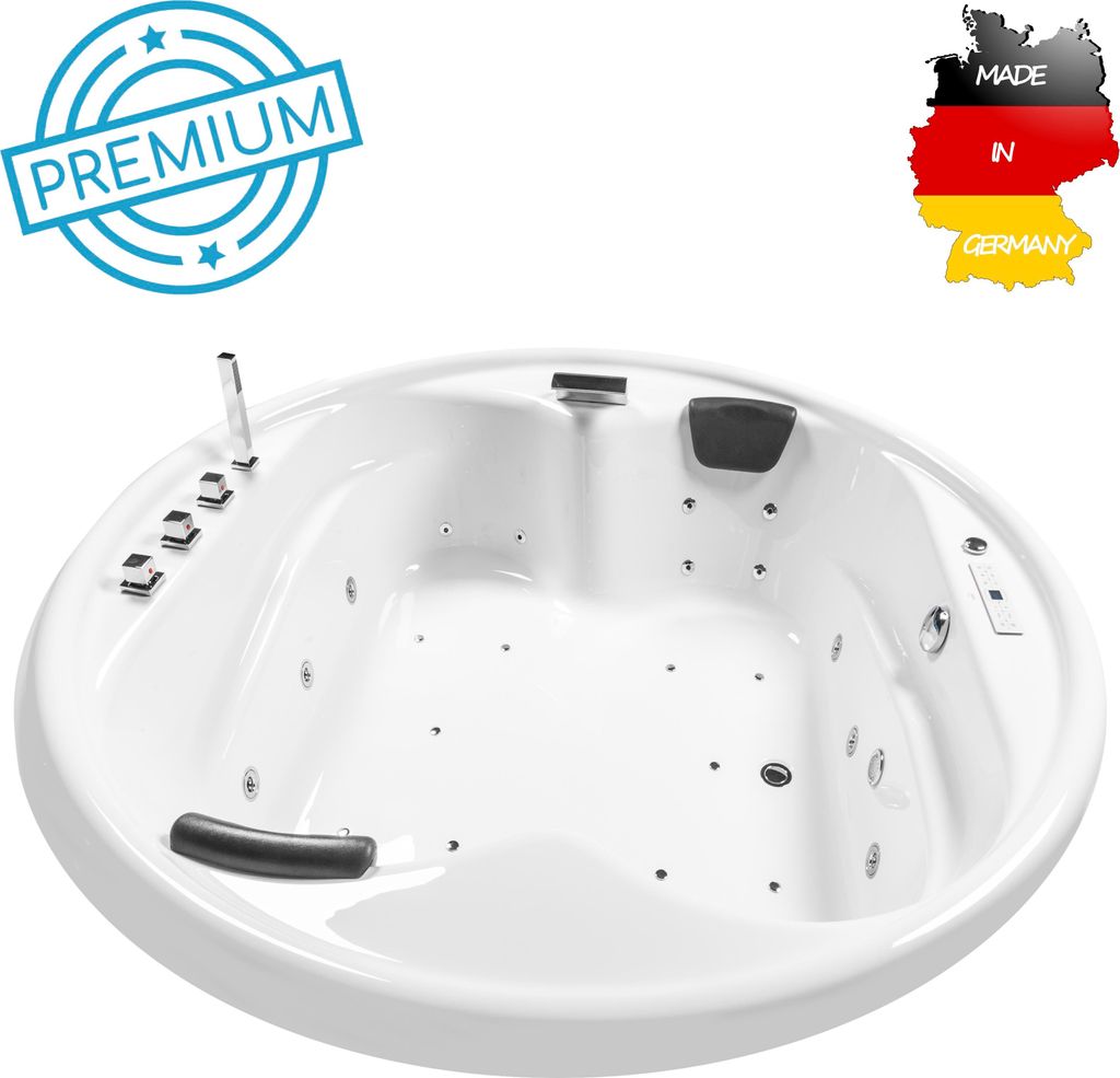 Basera PREMIUM Indoor Podest-Whirlpool Badewanne XXL Gomera Rund 182 x 182 cm mit 28 Massagedüsen, Heizung, Ozongenerator, Bodenansaugung, Wasserf...