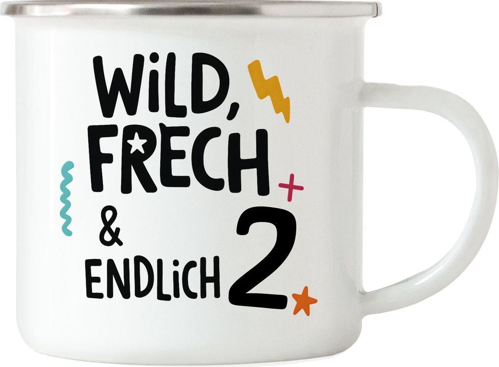 Wild frech und endlich 2 Emaille Tasse Geschenkidee Kindergeburtstag Mädchen Jungen zwei Jahre Kleinkind