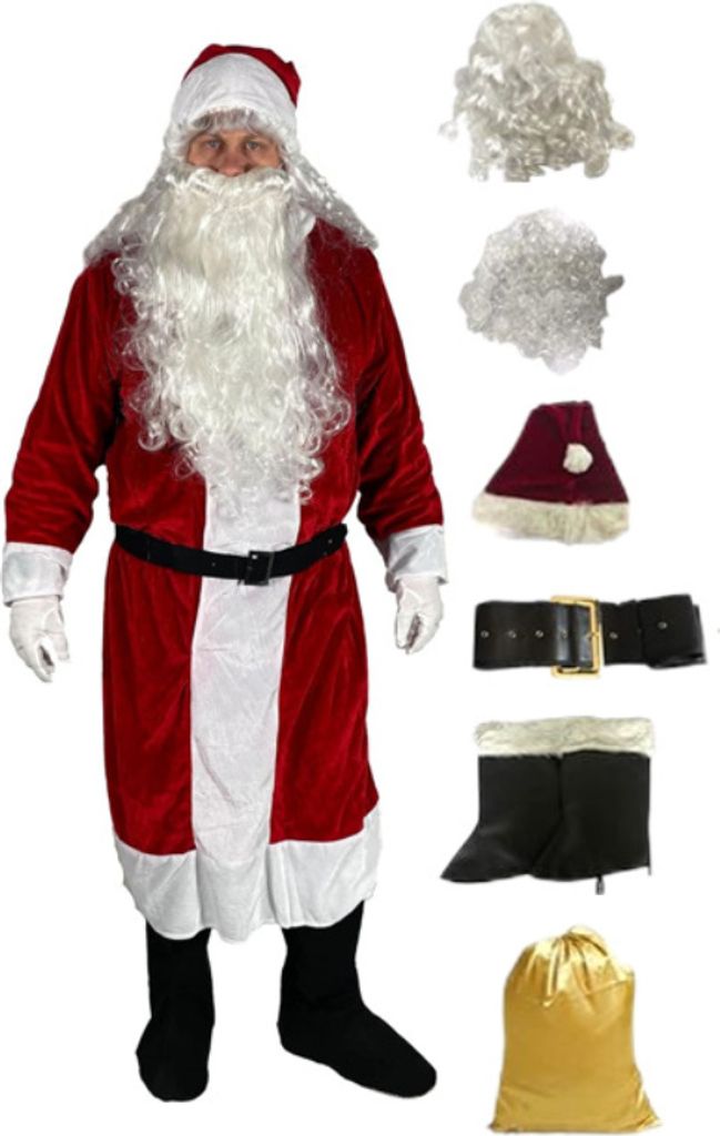 Weihnachtsmannkostüm, 6-teilig, mit Hut, Gürtel, Perücke, Produktbild 