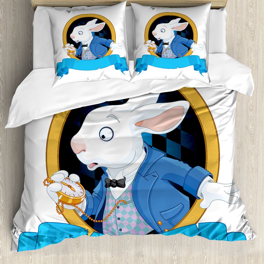 ABAKUHAUS Alice im Wunderland Bettbezug, Hase, Milbensicher Allergiker geeignet mit Kissenbezügen, 200 cm x 200 cm - 80 x 80 cm, Blau Weiß Erde Gelb