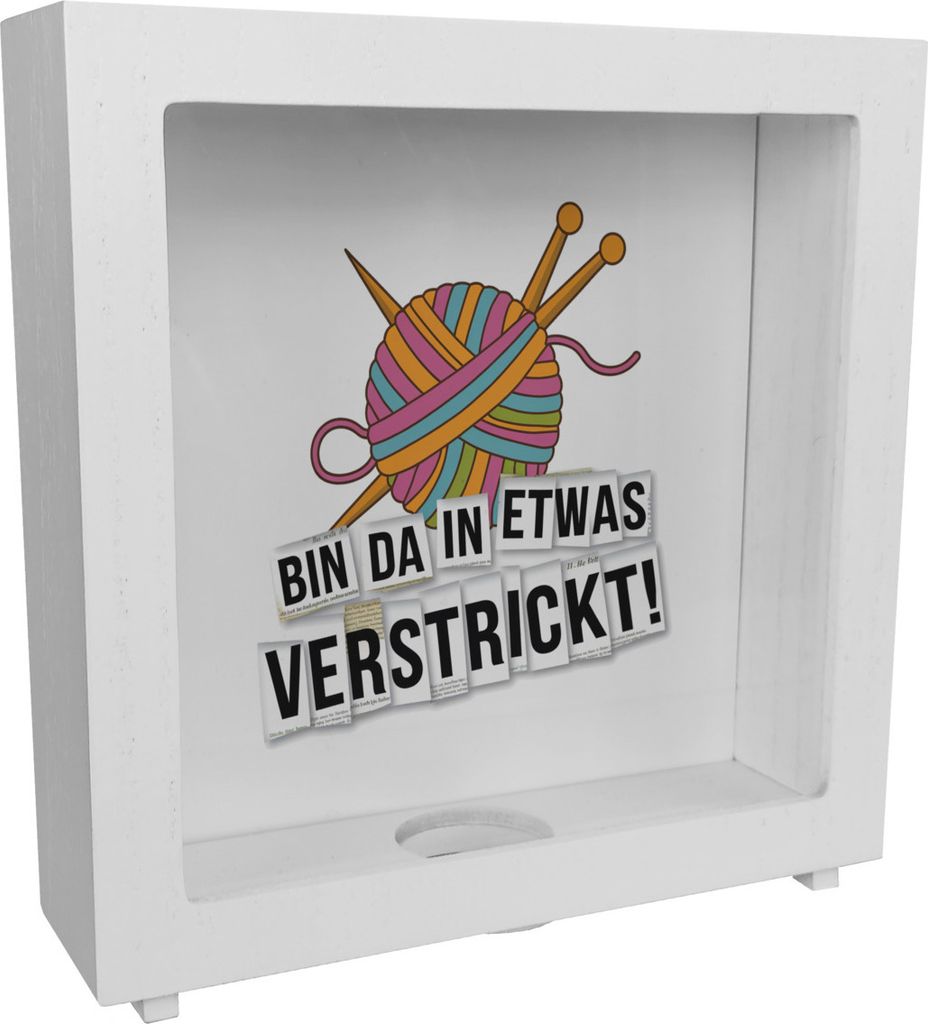 Bin da in etwas verstrickt Rahmen Spardose aus Holz mit Wolle und Stricknadeln