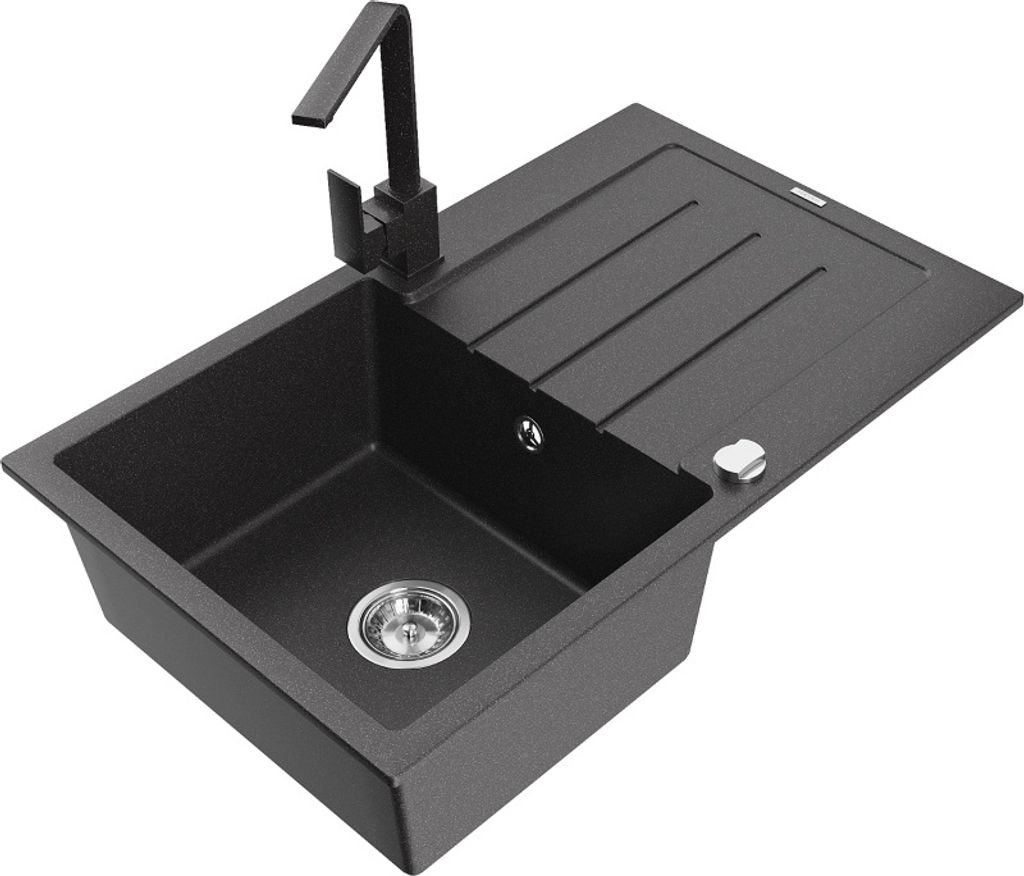 Mexen Bruno 1 Becken-Granitspüle mit Abtropffläche und Mischbatterie Rita, Schwarz gesprenkelt - 6513-76-670300-76
