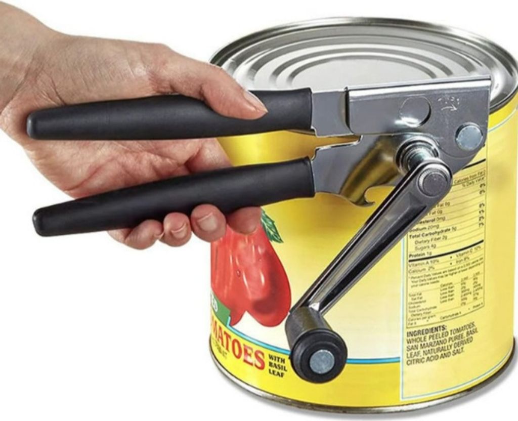 A hand is using a can opener to open a can of tomatoes.