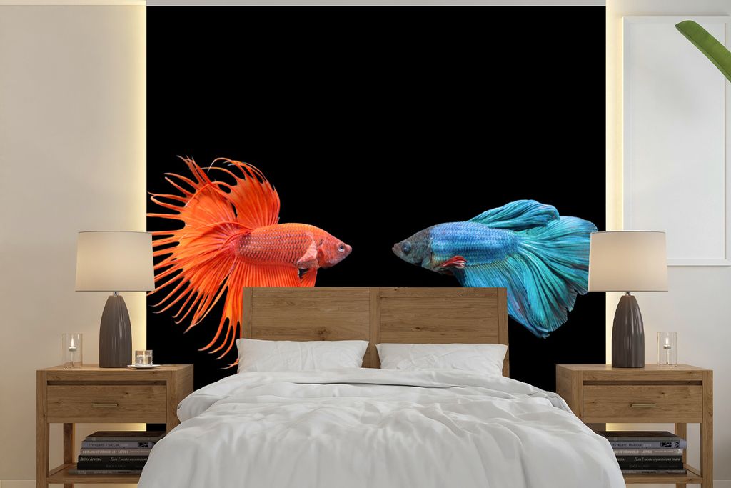 MuchoWow Fototapete für Wohnzimmer oder Schlafzimmer Wandtapete Vinyl Motivtapete Fische - Wilde Tiere - Schwarz - 240x240 cm - Schlafzimmer-Tapete