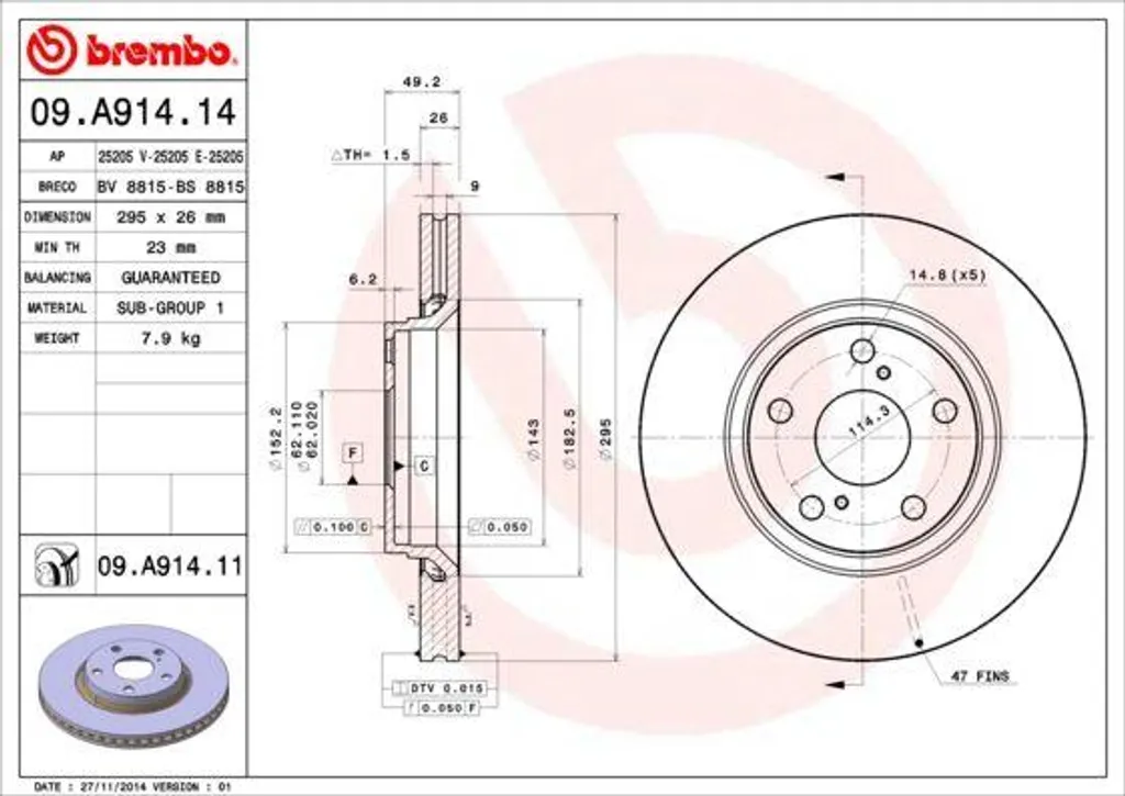 Disque de Frein Ventilé Brembo 09.A914.11 pour Auris Berline et Break