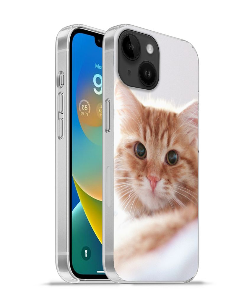 MuchoWow Handyhülle Schutzhülle Hülle für Apple iPhone 14 - Softcase Katze - Rot - Bett - Mädchen - Kinder - Jungen Silikon Softcase Handy H...