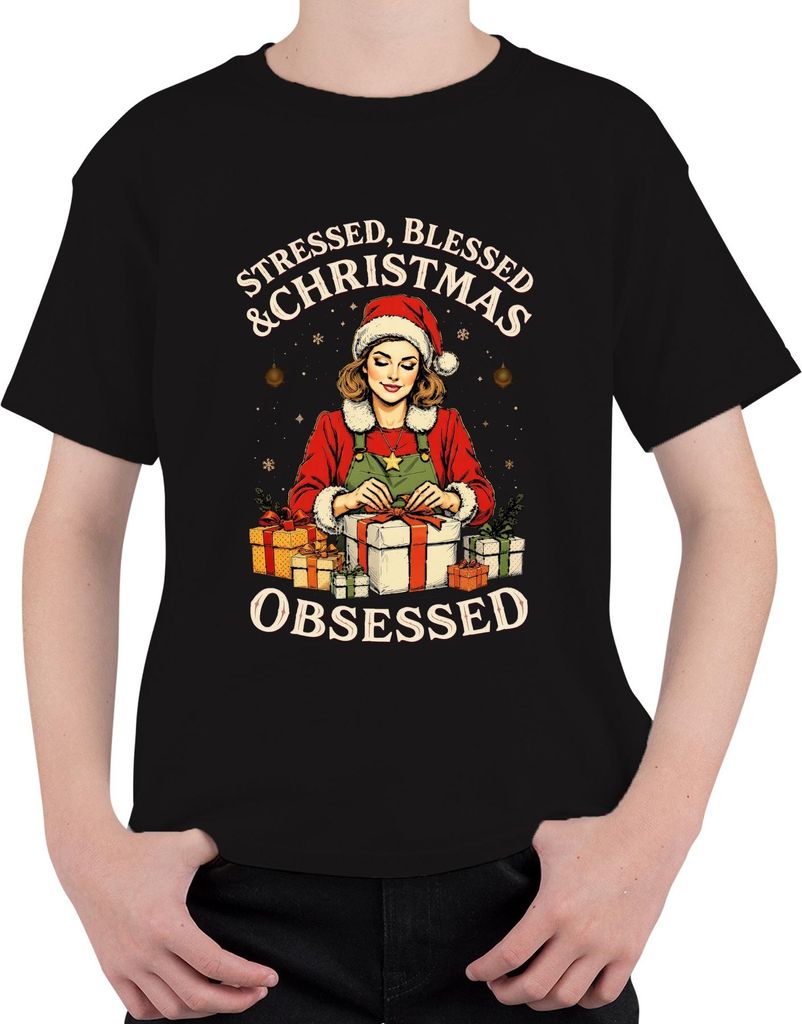 Stressed Blessed Christmas Obsessed Weihnachten Geschenk Vintage Uni Kinder T-Shirt, Schwarz, 104