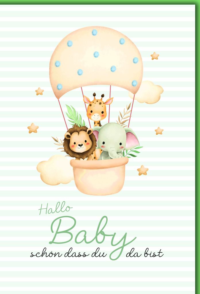 Baby Drei Tiere im Ballon Geburt schön, dass Du da bist Glückwunschkarte mit Umschlag