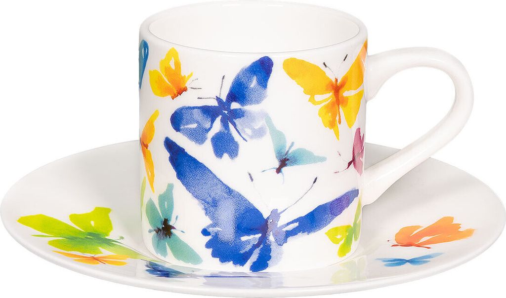 tea4chill Könitz Espresso Tasse Victoria Lowe - Butterfly. Kaffeetasse 65ml aus Fine Bone China Porzellan. Espressotasse modern, bunt