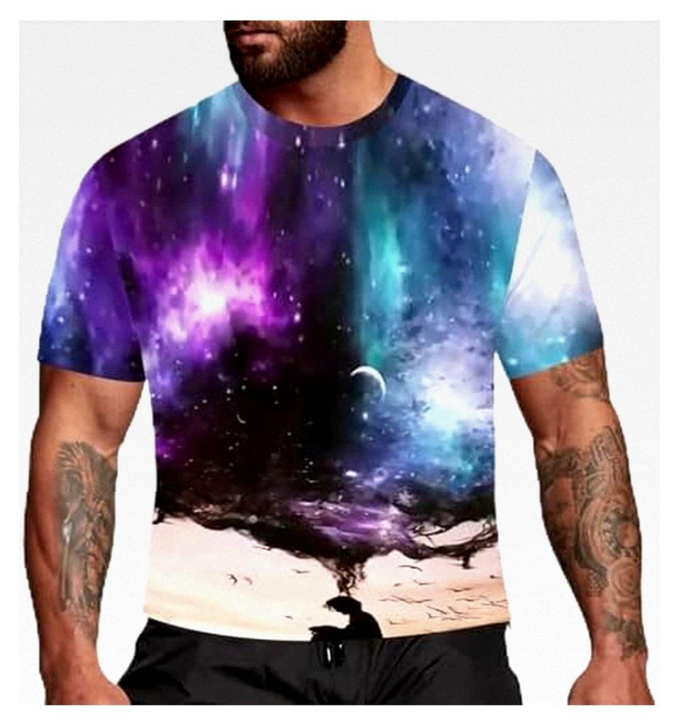 Herren T-Shirts mit buntem Weltraumdesign, Kurzarm, Rundhals, 3D-Druck für Karneval und Festivals