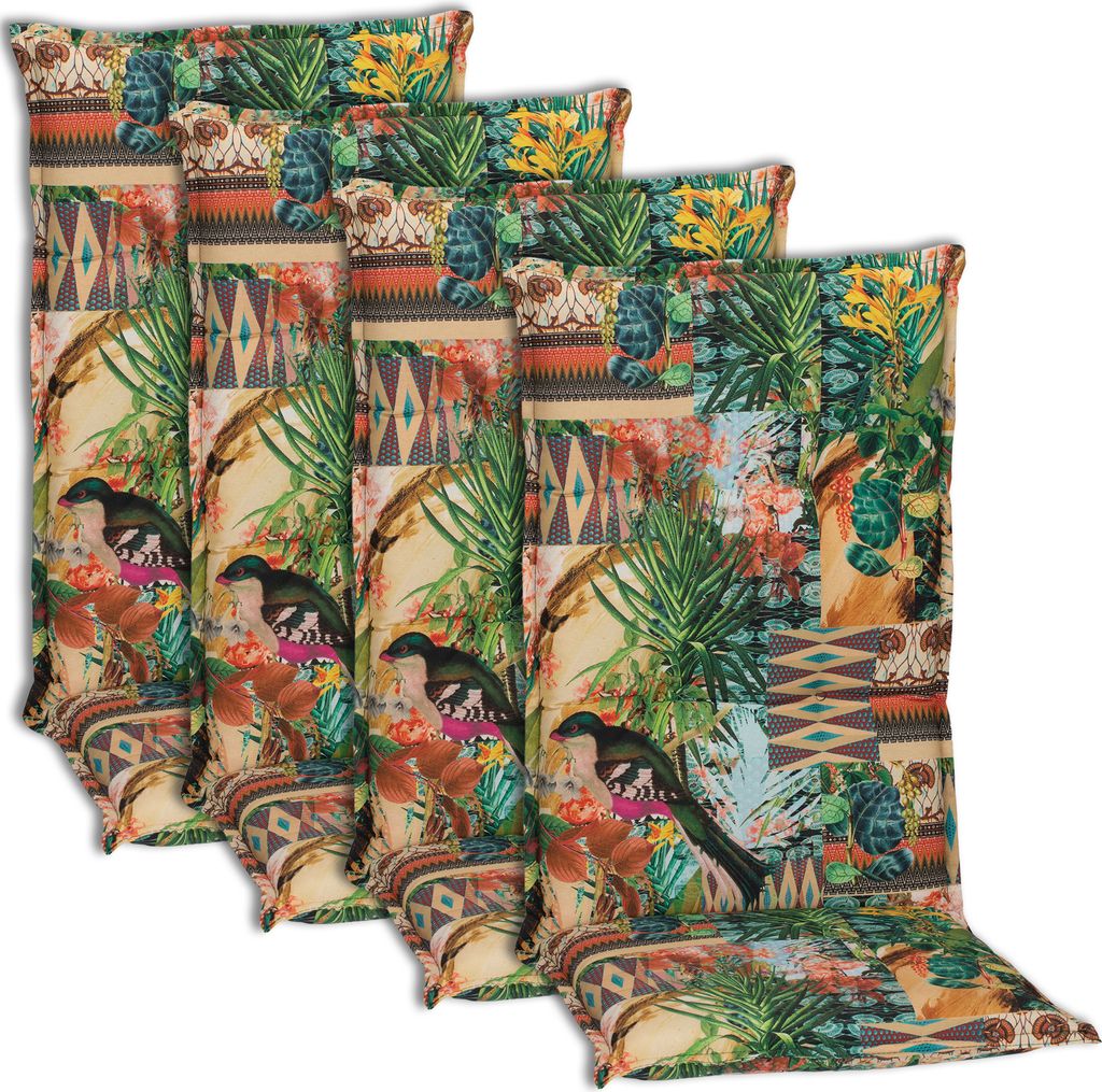 NYVI Hochlehner Auflagen Piemont 4er Set - 118x46x8 cm Dschungel - Extra Starker 8cm Sitzpolster - Gartenmöbel Auflagen mit Halteband & Bindebändern