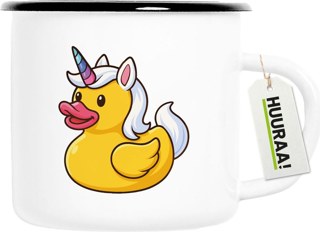 Huuraa Emaille Tasse Quietscheente Einhorn Gummiente Unicorn 300ml Vintage Campingbecher Geschenkidee