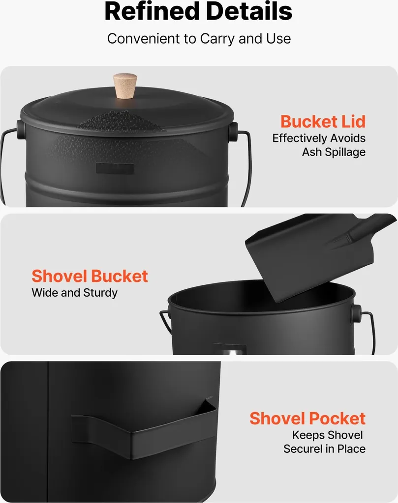 Seau à cendres 15L avec couvercle et kit de 4 accessoires en métal noir