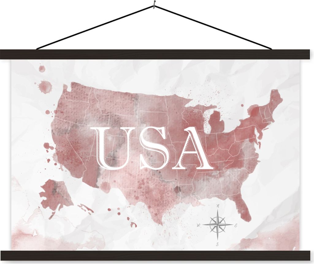 MuchoWow Textilposter Karte - Amerika - Aquarell 90x60 cm mit schwarzem Rahmen - Aufhängungssatz
