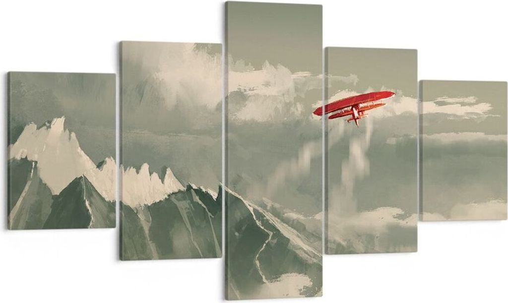 Bild auf Leinwand - Leinwandbild - 5 Teile - Rot Flugzeug Berge - 125x70cm - Wand Bild - Wanddeko - Wandbilder - Leinwanddruck - Bilder - Wanddekor...