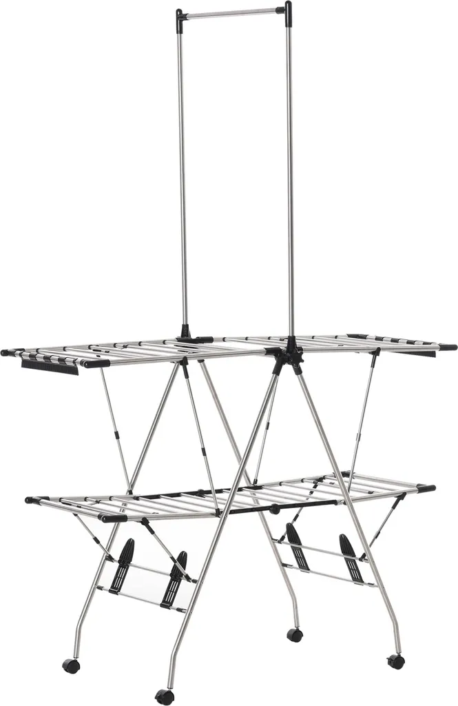 Séchoir à Linge Inox 208cm de Haut avec Ailes Latérales et Roulettes