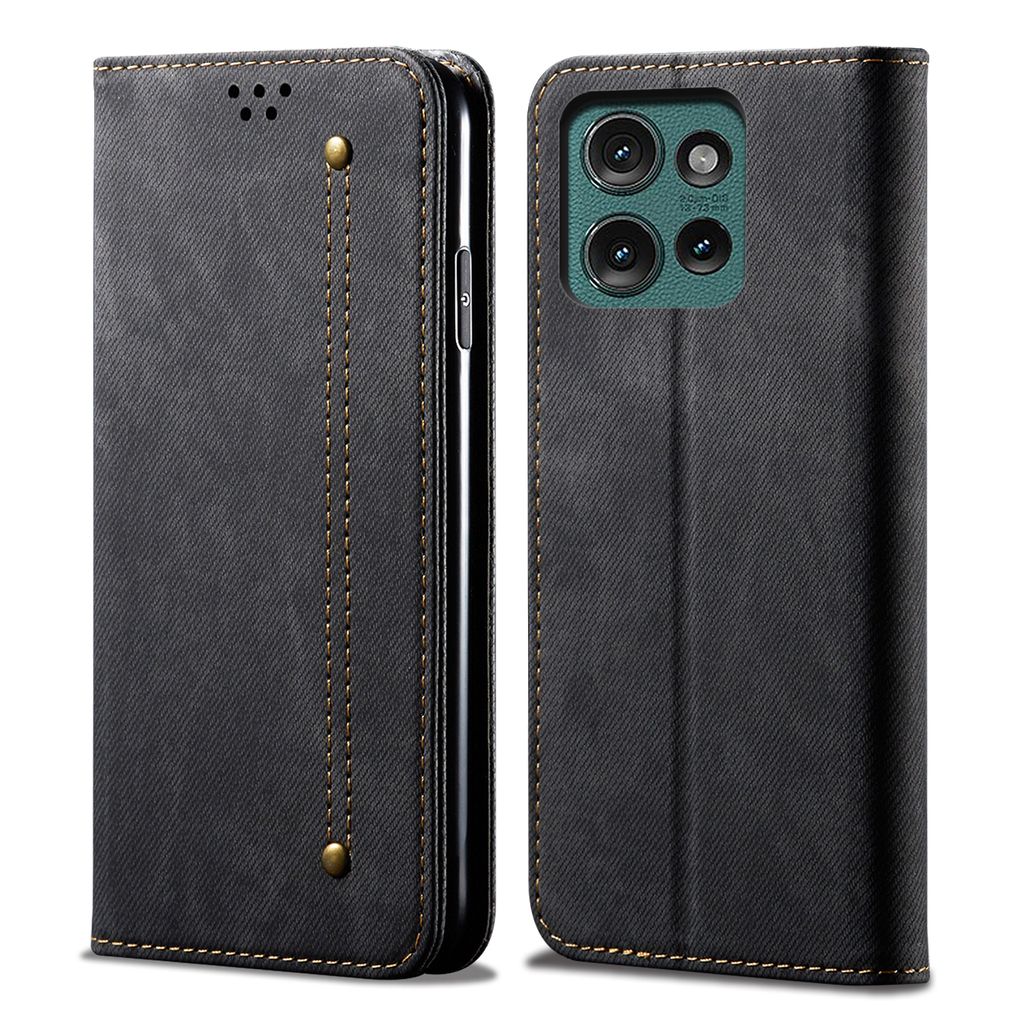A black leather flip wallet case for a smartphone, shown from the front and back.