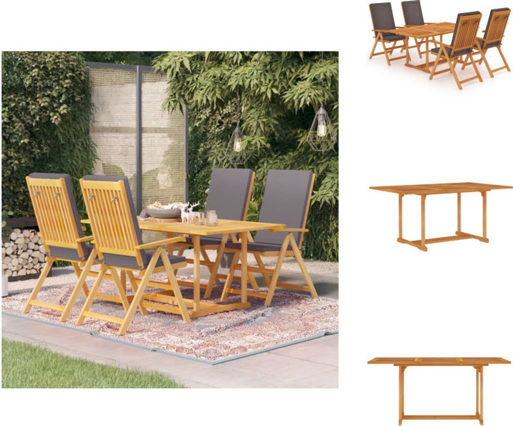 vidaXL 5-tlg. Garten-Essgruppe mit Grauen Kissen Massivholz Teak - Gartenmöbel-Sets