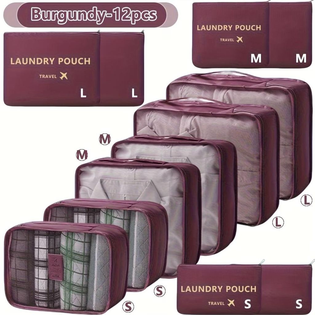12er Set Packwürfel Weinrot Koffer Organizer Reisegepäck Tasche Set