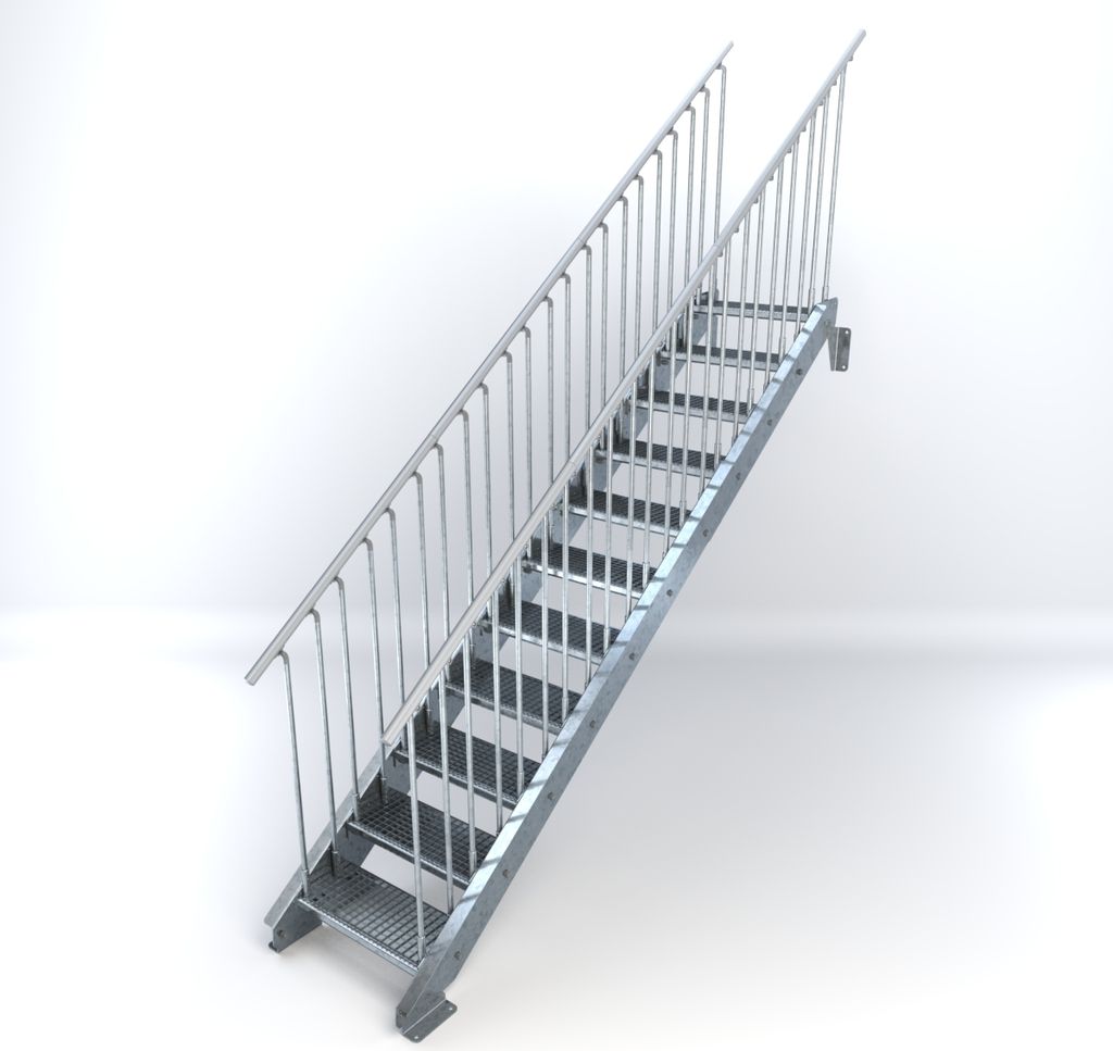 Stahltreppe 11 Stufen bis Höhe 220 cm, Laufbreite : 60 cm beidseitiges Geländer ST 3 (31 / 9 mm schmal)