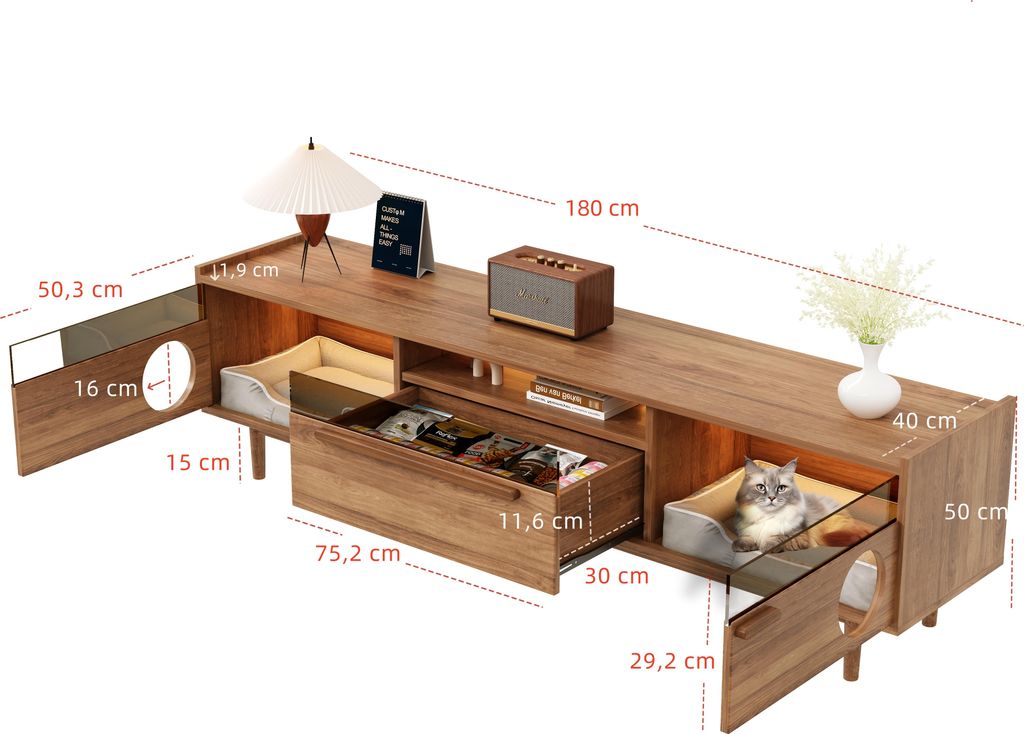 Sweiko Moderner Fernsehschrank mit LED-Beleuchtung – mit Katzenruheraum, Stützhebeln, stahlverstärkten Glastüren & 1 Schublade (ohne Katzenkis...