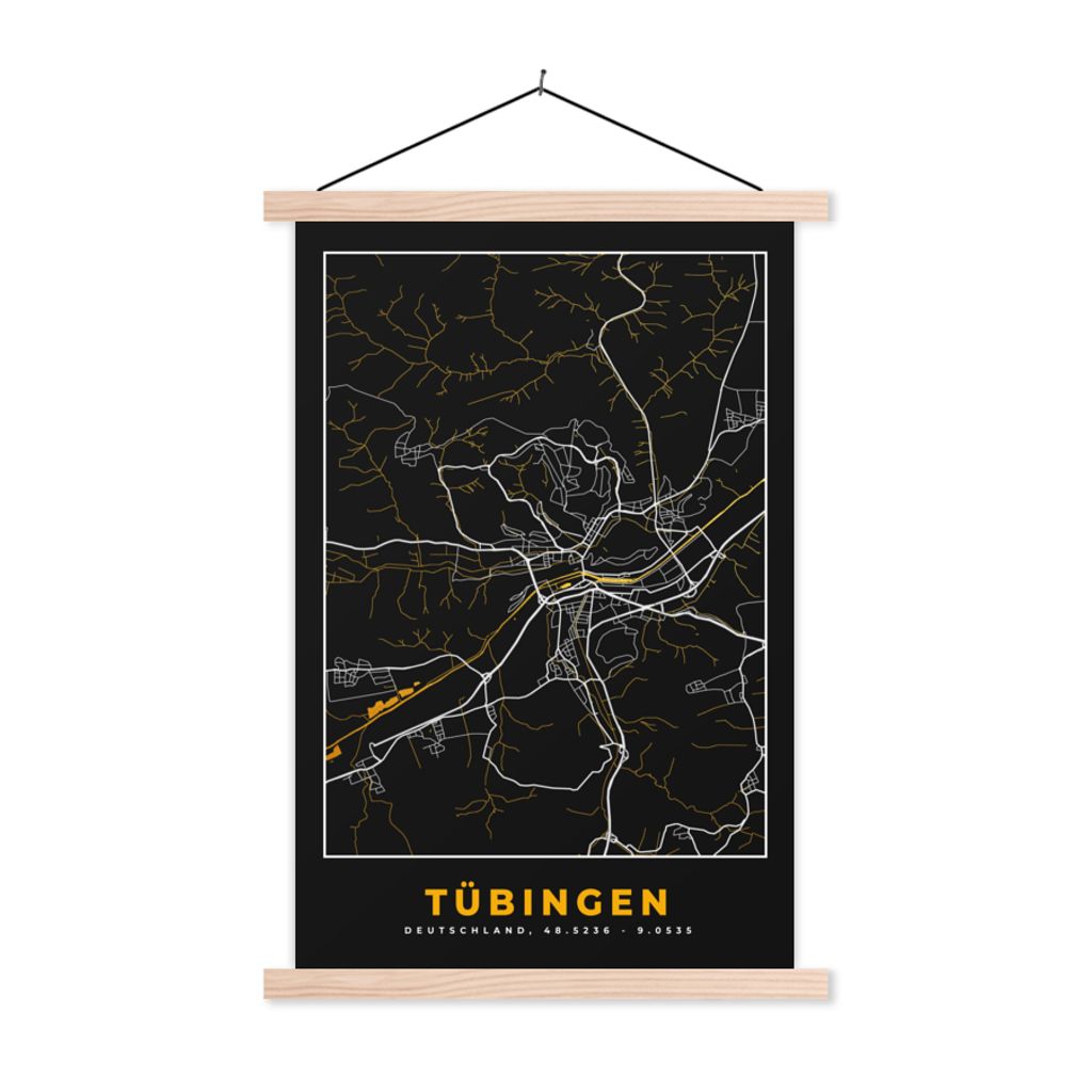 MuchoWow Textilposter Deutschland - Schwarz und Gold - Tübingen - Stadtplan - Karte 60x90 cm mit holzfarbenen Rahmen - Textil