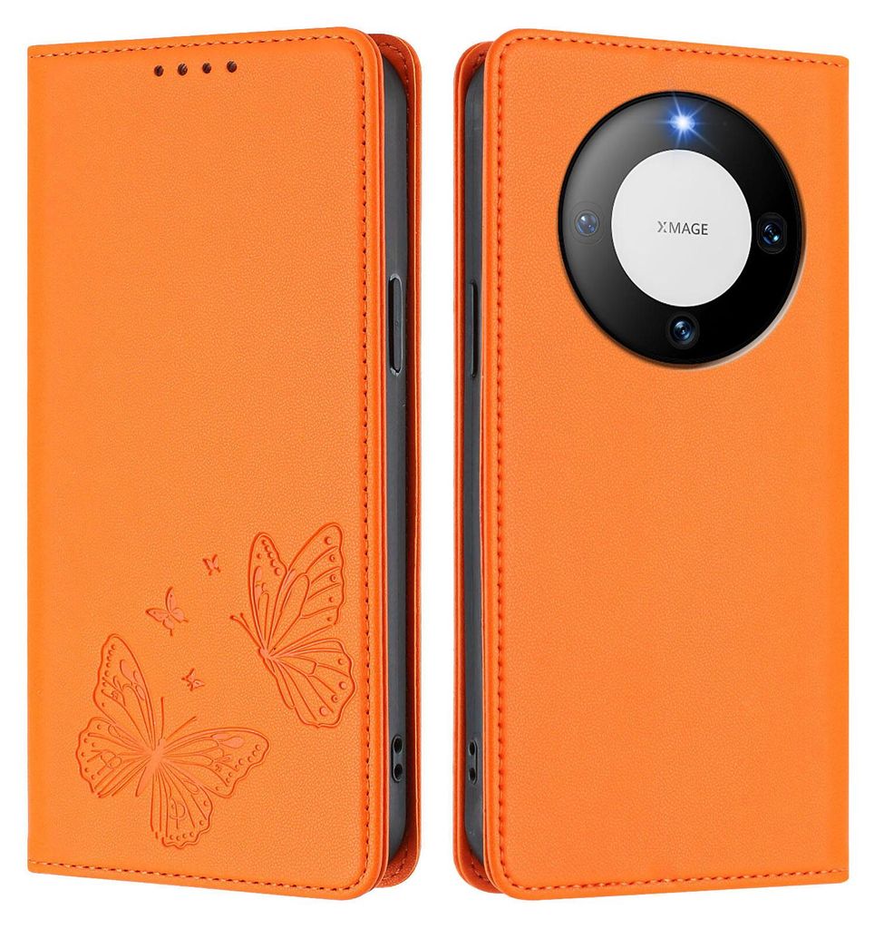 Lederhülle für Huawei Mate 60 Pro/Mate 60 Pro+, Schmetterling Prägung Leder Brieftasche Schutzhülle mit Ständer Orange