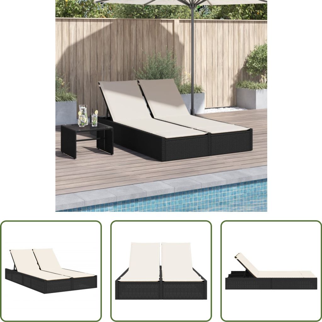 The Living Store Doppel-Sonnenliege mit Kissen Schwarz Poly Rattan