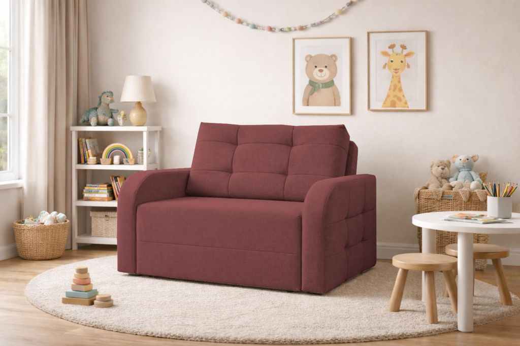 MOEBLO Kindersofa PORTO 120 – Schlafsessel Sofa Sessel Jugendsofa Schlafsofa 2-Sitzer Gästebett mit Schlaffunktion und Bettkasten - Weinerot (BR...