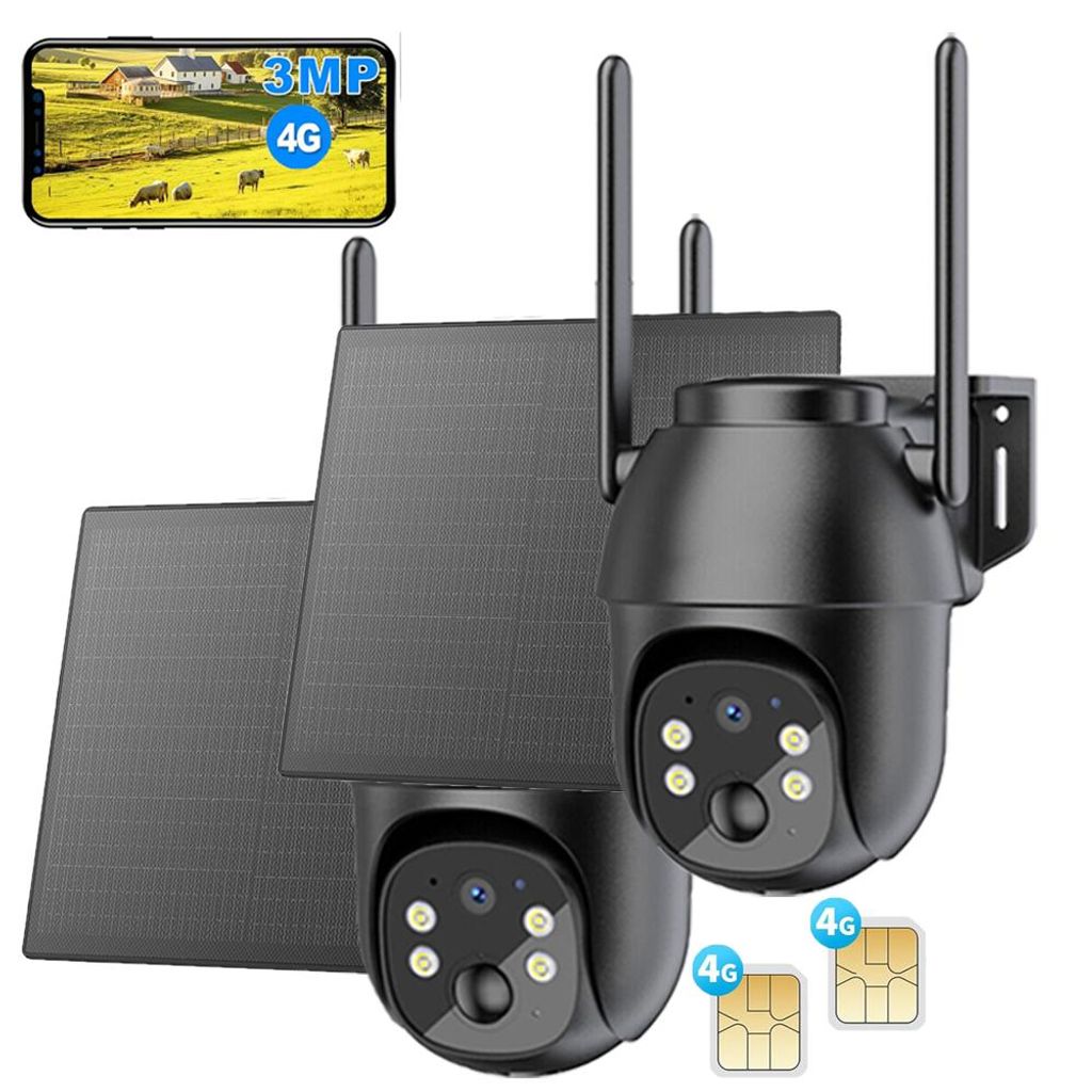 2 Stück 4G LTE Überwachungskamera Aussen Akku mit SIM Karte 2K Kabellos Solar PTZ IP Kamera Outdoor Ohne WLAN IR/Farb-Nachtsicht PIR Erkennung