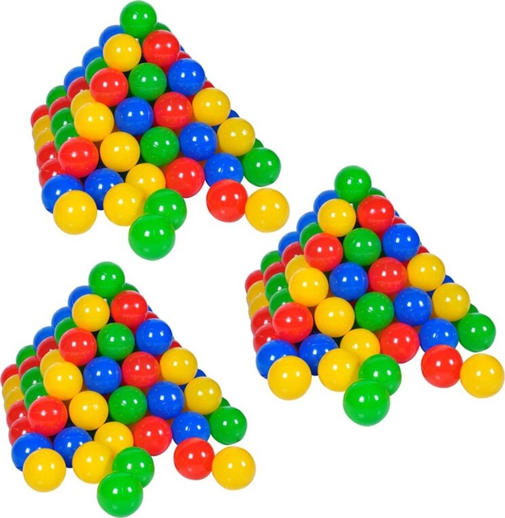 Three triangular stacks of colorful balls against a white background.