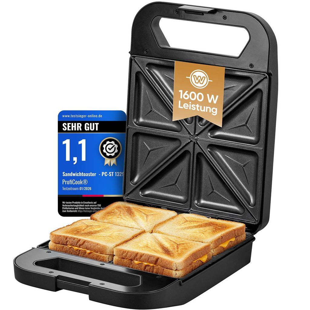 ProfiCook Sandwichmaker für 4 Sandwiches gleichzeitig | Antihaft-Platten | kein Anbrennen | Sandwich Maker 1600W | Toaster Sandwichtoaster PC ST...