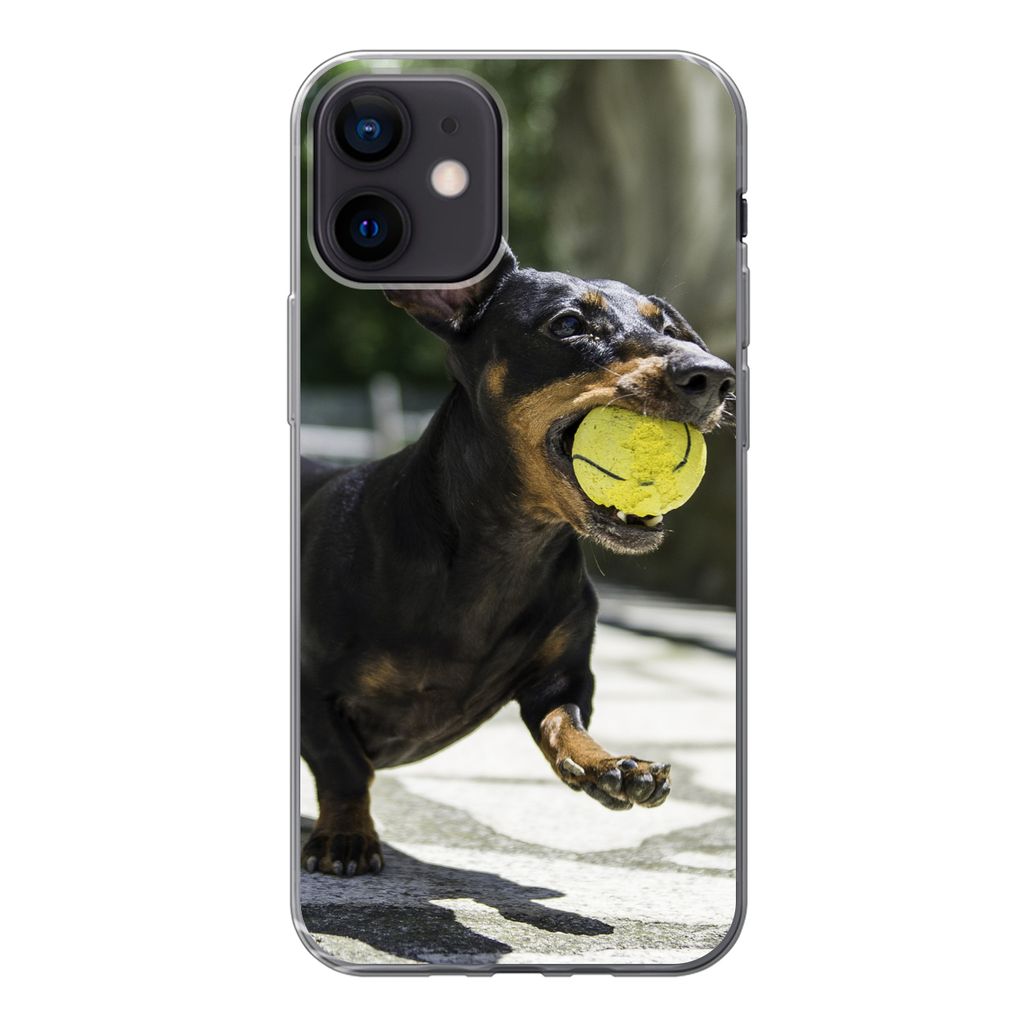 MuchoWow Handyhülle Schutzhülle Hülle für iPhone 12 Ein schwarzer Dachshund mit einem Tennisball Silikon Softcase Handy Hülle - Schutzhülle