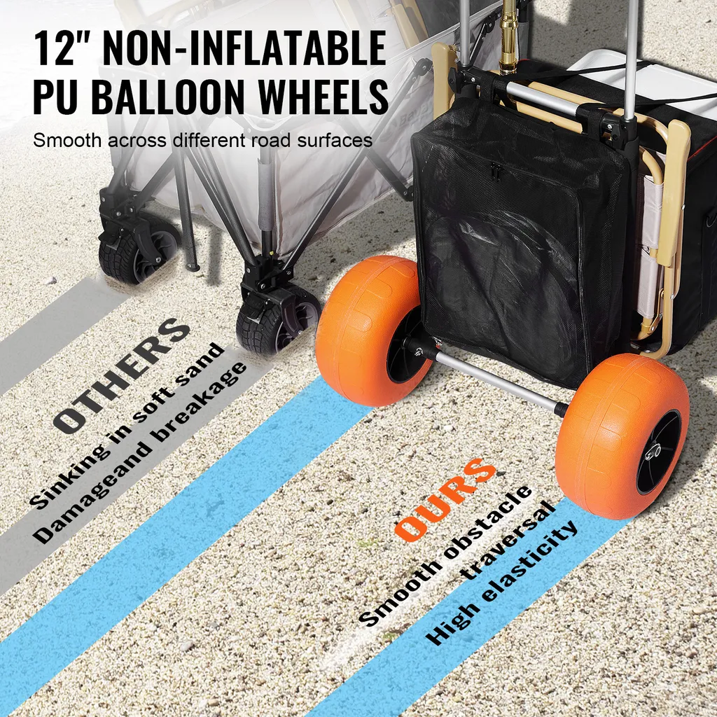 SucceBuy Carrello da spiaggia per sabbia - Area di carico 29,9" x 15,4". Carrello pieghevole per la sabbia con ruote in schiuma da 12", portata di 165 libbre e altezza regolabile da 27" a 44,7". Resistente per le avventure in spiaggia. - 3