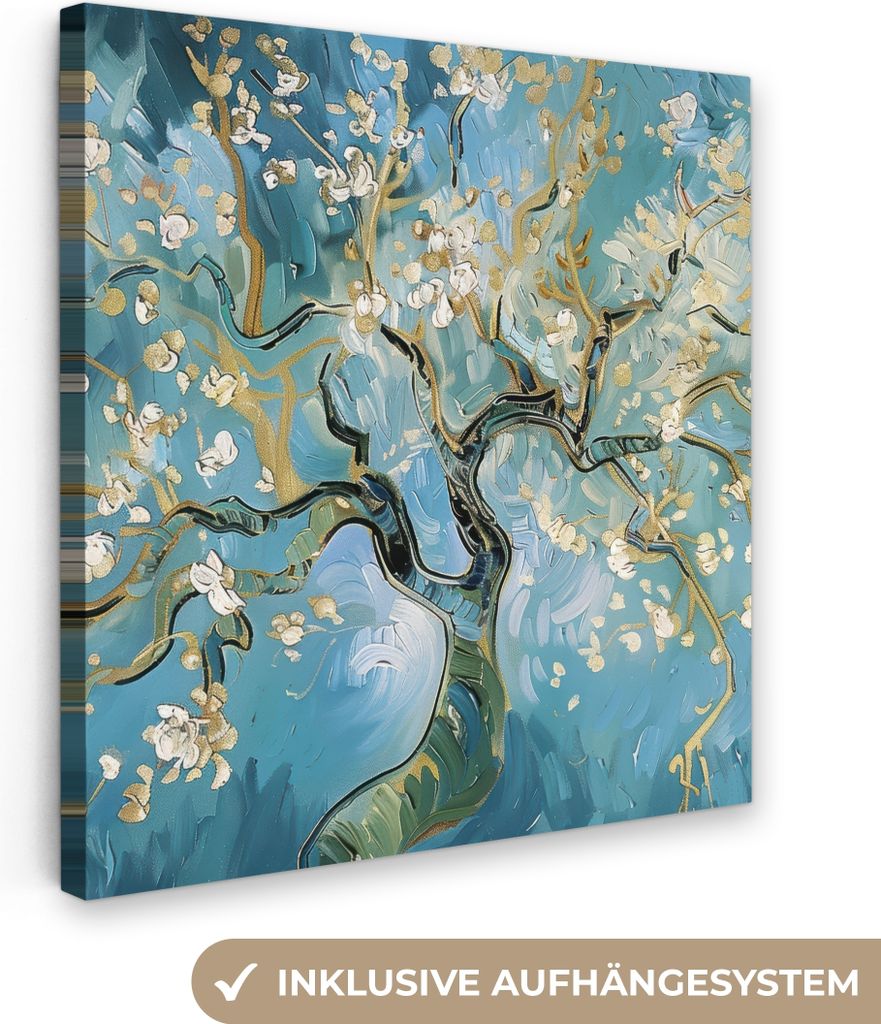 MuchoWow - Leinwandbilder - Mandelblütenbaum - Blau - Abstrakt, Wandbild, Wanddeko Bilder Wohnzimmer, 50x50 cm