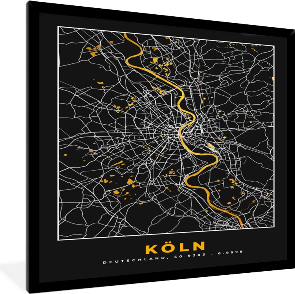 MuchoWow Gerahmtes Poster Köln - Gold - Karte - Deutschland 40x40 cm - Poster mit Schwarzem Bilderrahmen Wandposter Rahmen Foto Bilder - Mit Rah...