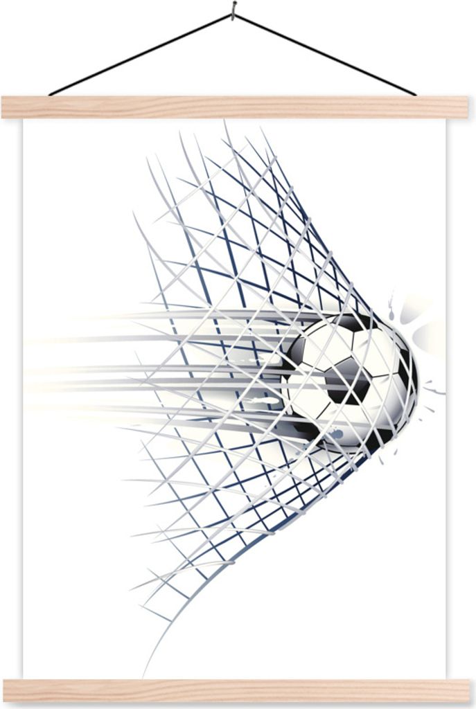 MuchoWow Textilposter Eine Illustration eines Fußballs, der ins Tor geht - Jungen - Mädchen - Kinder 60x80 cm mit holzfarbenen Rahmen - Wandbild