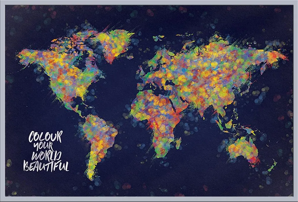 Décoration Murale Carte du Monde à Colorier avec Cadre Shinsuke® Silver