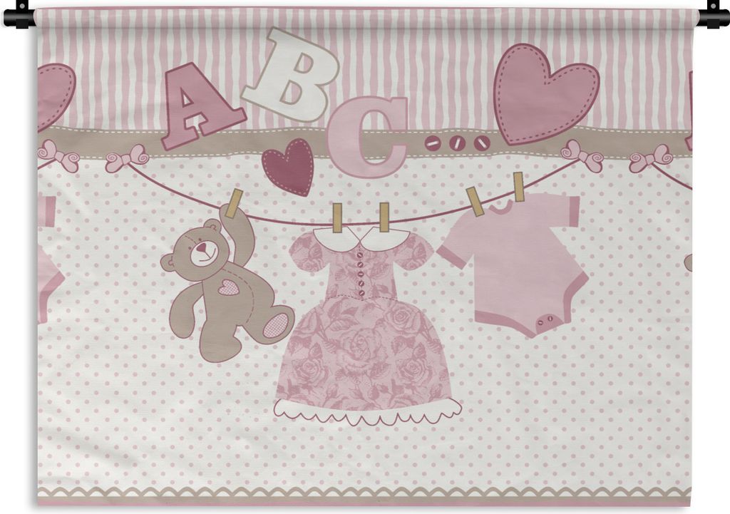 MuchoWow Wandteppich Wandbehang Babykleidung - Mädchen - Teddybär - Wäscheleine - Design 90x67.5 cm Tapisserie Dekoration Wandtuch - Fototeppi...
