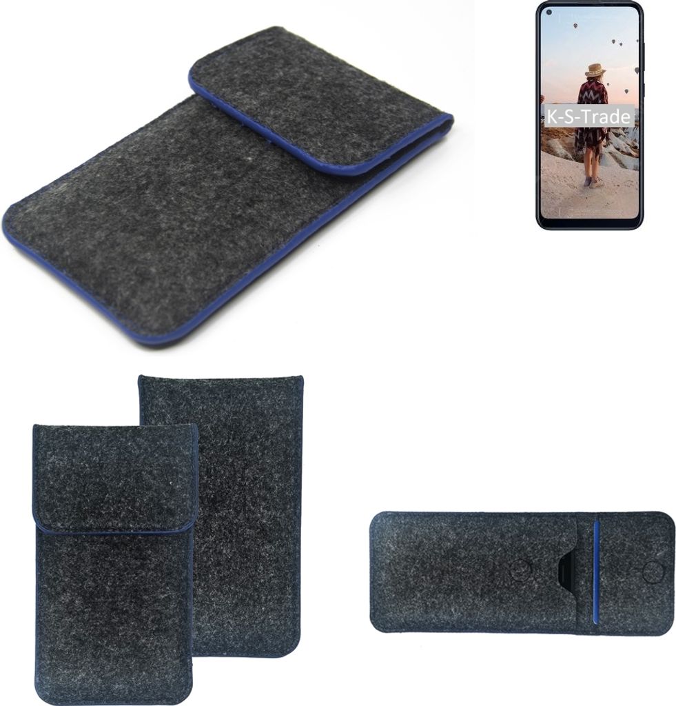 K-S-Trade Handy-Hülle Schutz-Hülle kompatibel mit Samsung Galaxy M11 Filztasche Pouch Tasche Case Sleeve Filzhülle dunkelgrau, blauer Rand