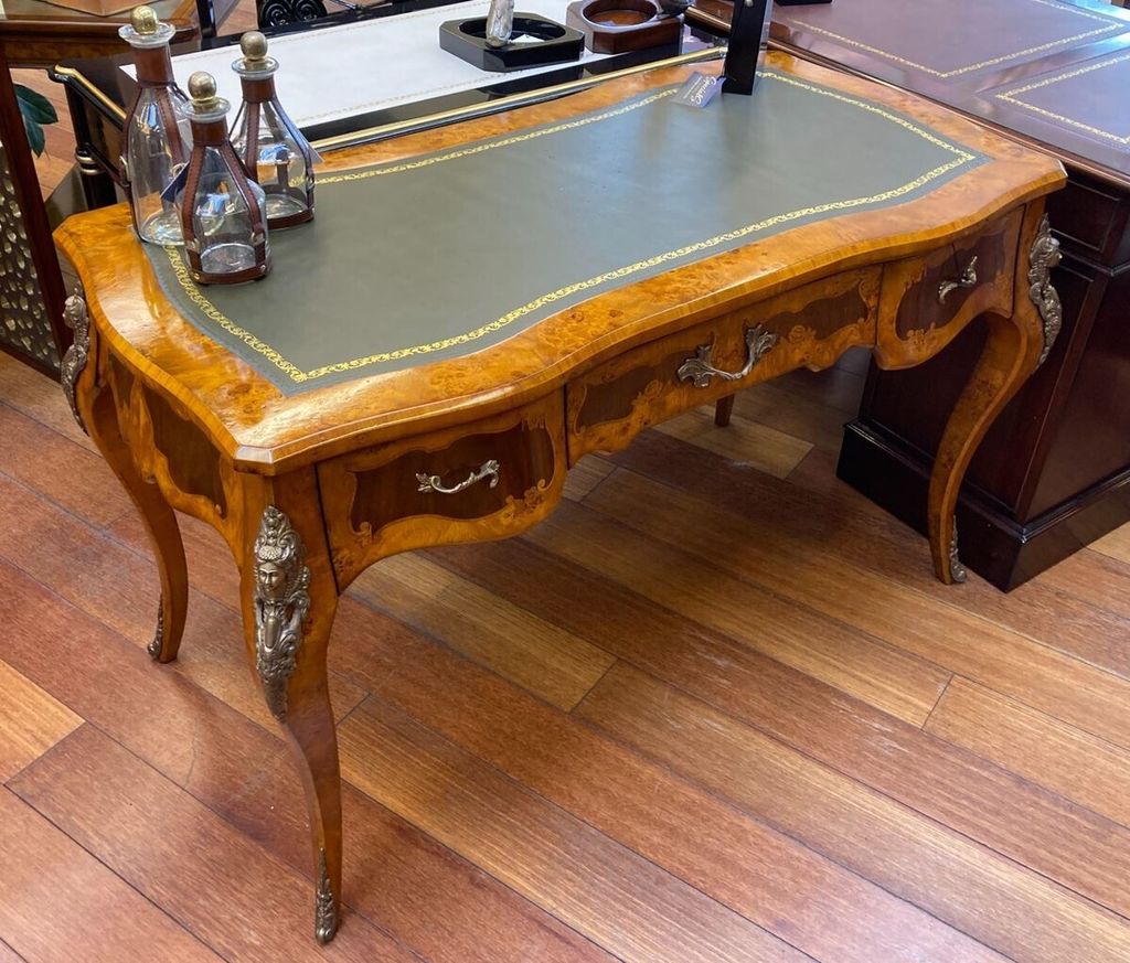 Casa Padrino Luxus Barock Schreibtisch Hellbraun / Dunkelbraun / Grün - Handgefertigter Massivholz Sekretär mit 3 Schubladen - Edle Barock Büro ...